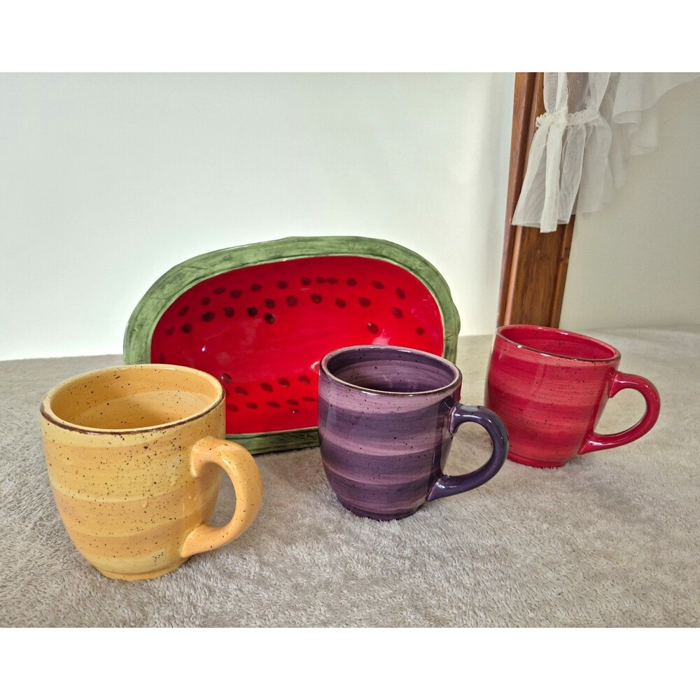 Ceramic Watermelon Serving Bowl + 3 Hausenware Mugs Yellow Purple Red